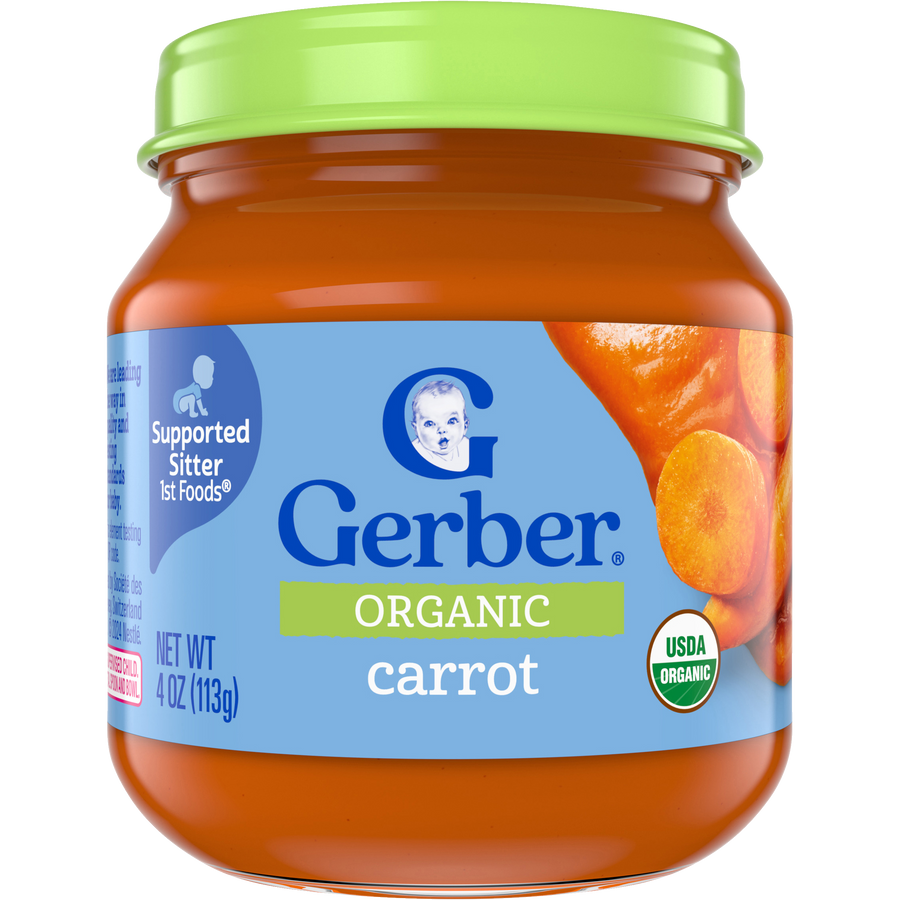 Gerber Organic Carrot baby food 4 oz (113 g) glass jar, front of pack showing Supported Sitter 1st Foods