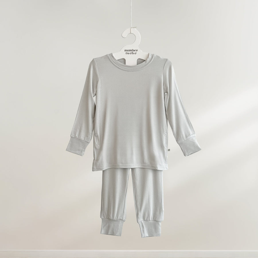 Number Twelve Bamboo Toddler Pyjamas in Stone, two-piece flat lay