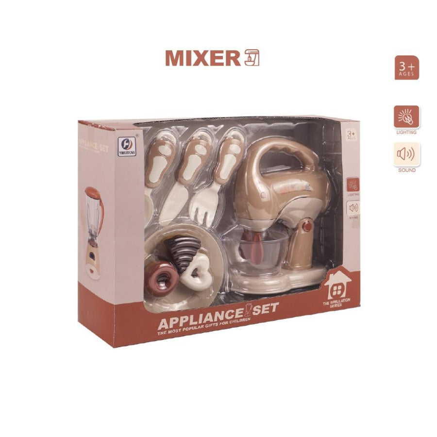 My Little Home beige pretend-play stand mixer with mixing bowl, play cutlery and play desserts, in its Simulation Series Appliance Set box