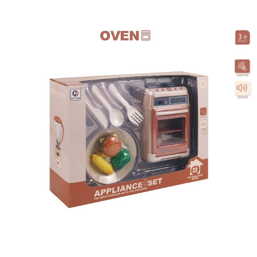 My Little Home beige pretend-play electric oven with play burger, corn, greens, plate and cutlery, in its Simulation Series Appliance Set box