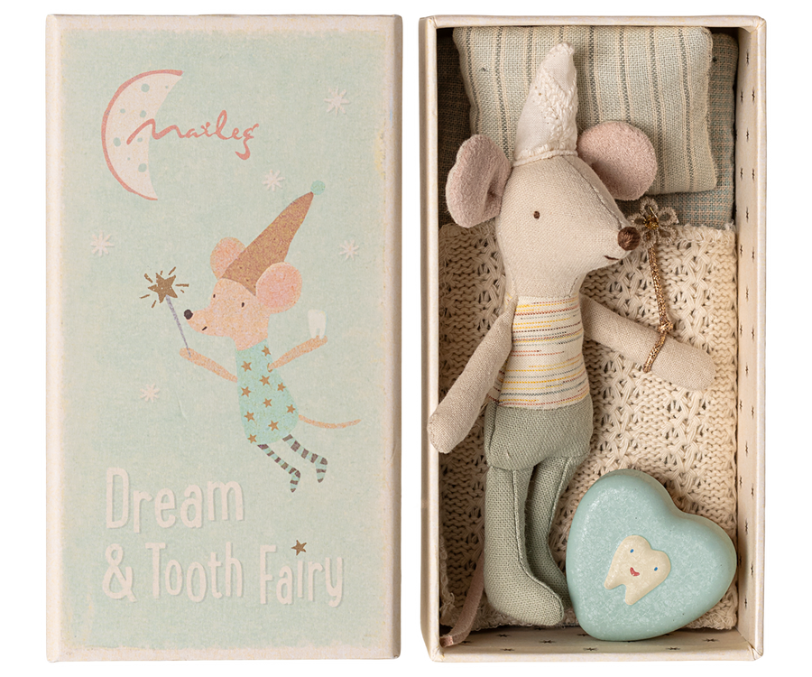 Maileg Tooth Fairy Mouse Little Brother in matchbox with blue tooth box