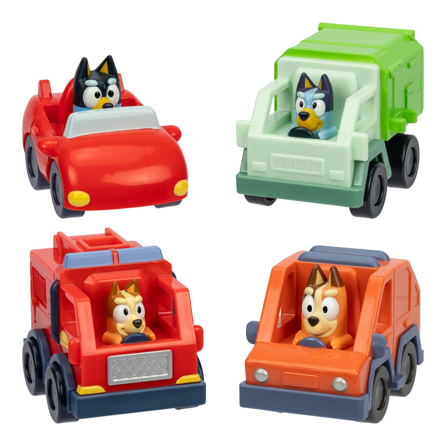 All four Bluey Mini Racers vehicles in the assortment