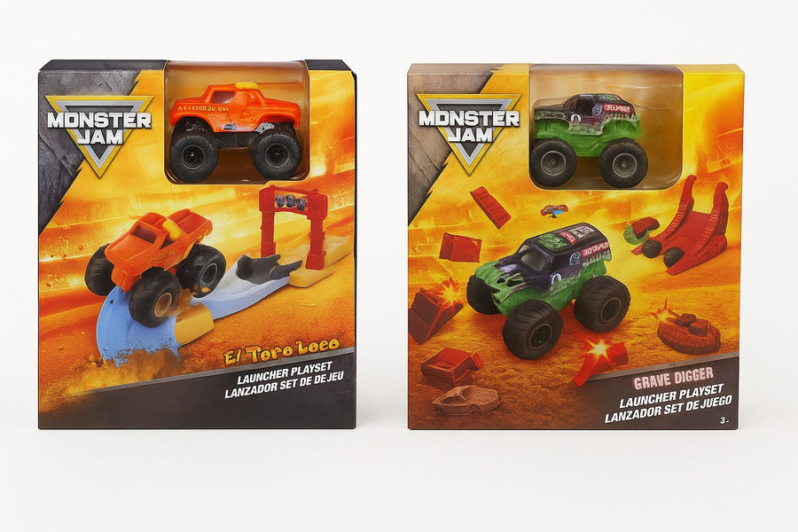 Monster Jam 1:72 Launcher Playset assortment: the El Toro Loco and Grave Digger boxes side by side