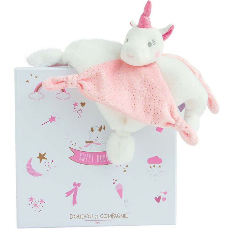 Doudou et Compagnie DC3277 unicorn flat comforter in pink, shown with its gift box