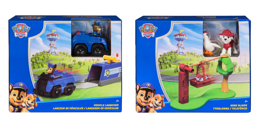 PAW Patrol mini playset assortment 6075210: the Chase Vehicle Launcher and Marshall Wire Slider boxes side by side