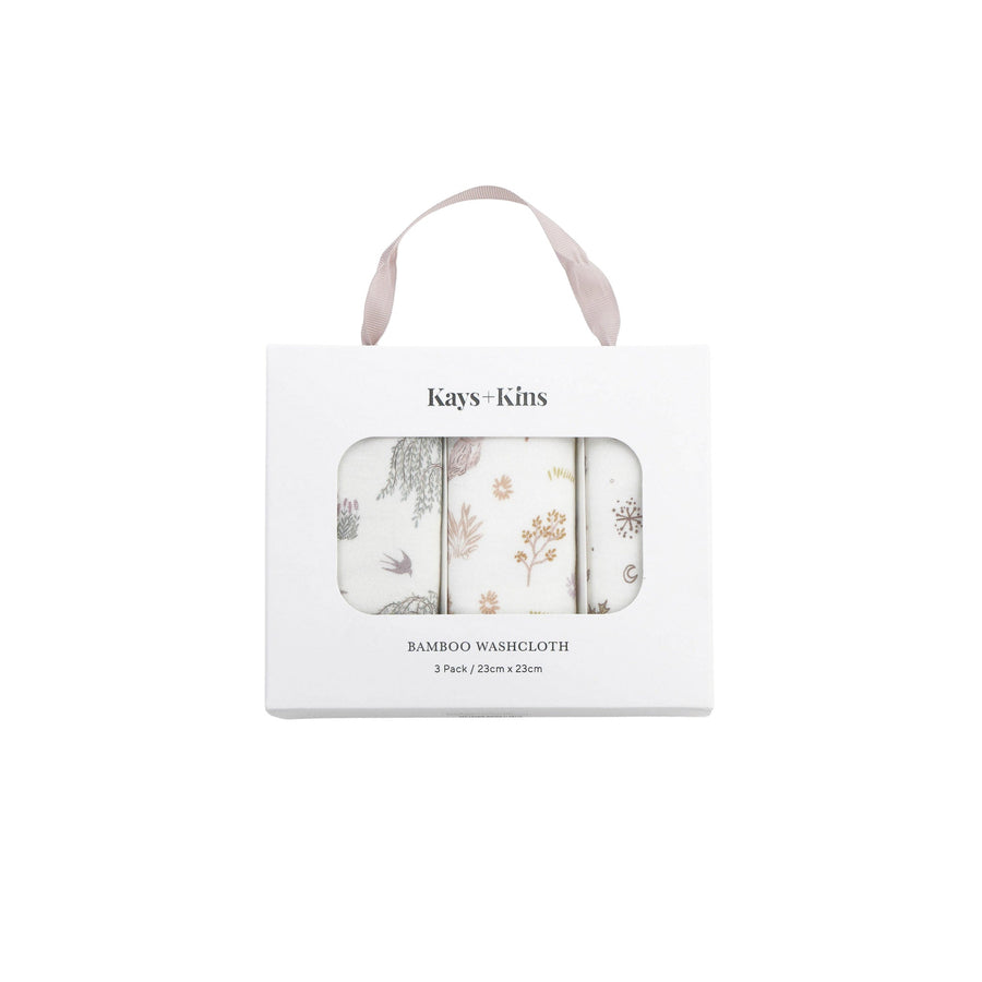 Kays+Kins 3-Pack Bamboo Washcloth in the Whispering Woods print, boxed