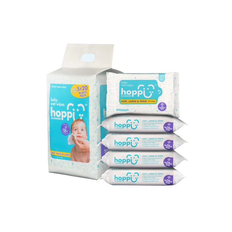 Hoppi Baby Wet Wipes (20 wipes x 5 packs)