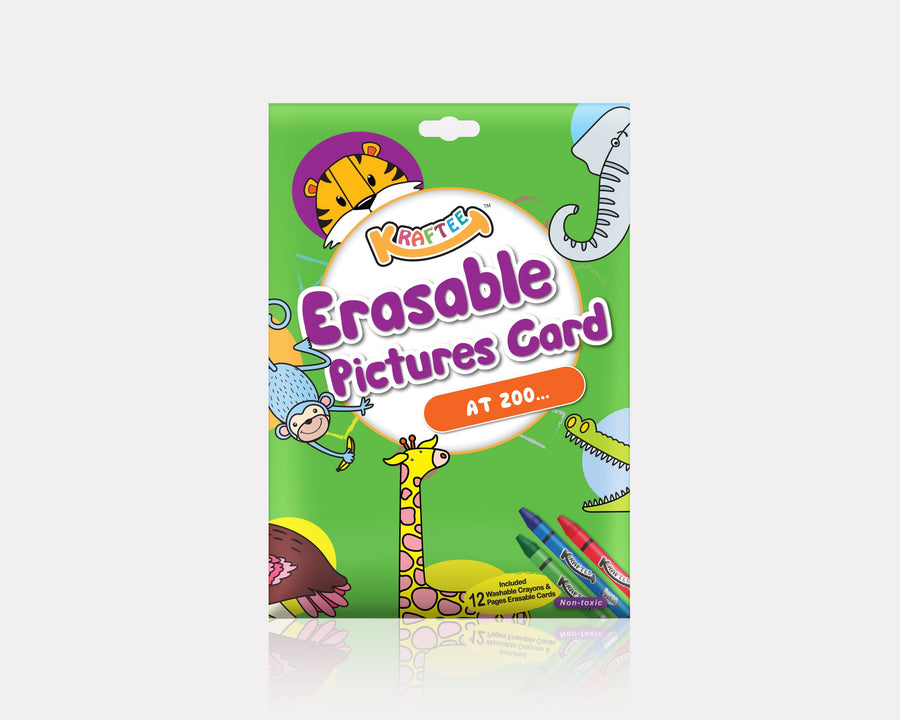 Kraftee Erasable Pictures Card At Zoo pack with 12 washable crayons
