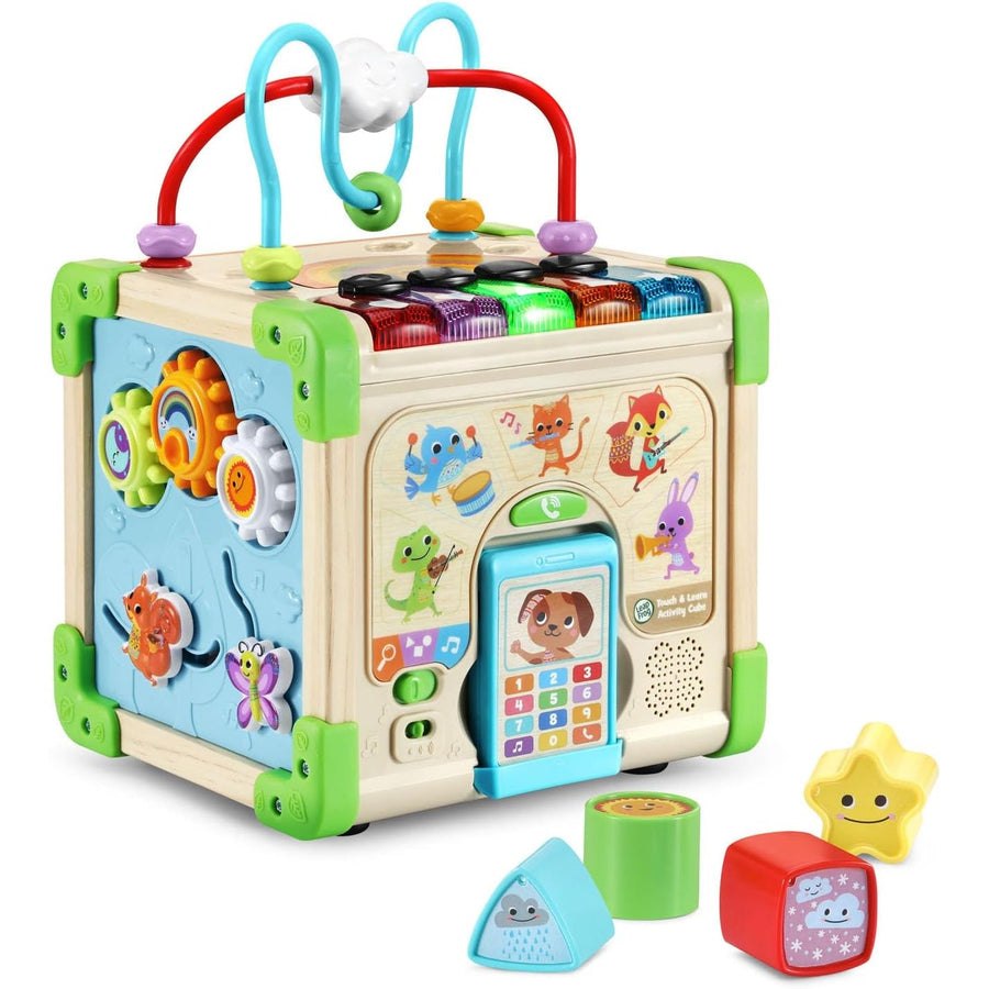 LeapFrog Touch & Learn Wooden Activity Cube with shape blocks and phone
