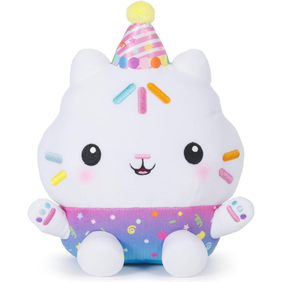 Sprinkle Party Cakey Cat 10-inch plush in his celebration outfit and party hat