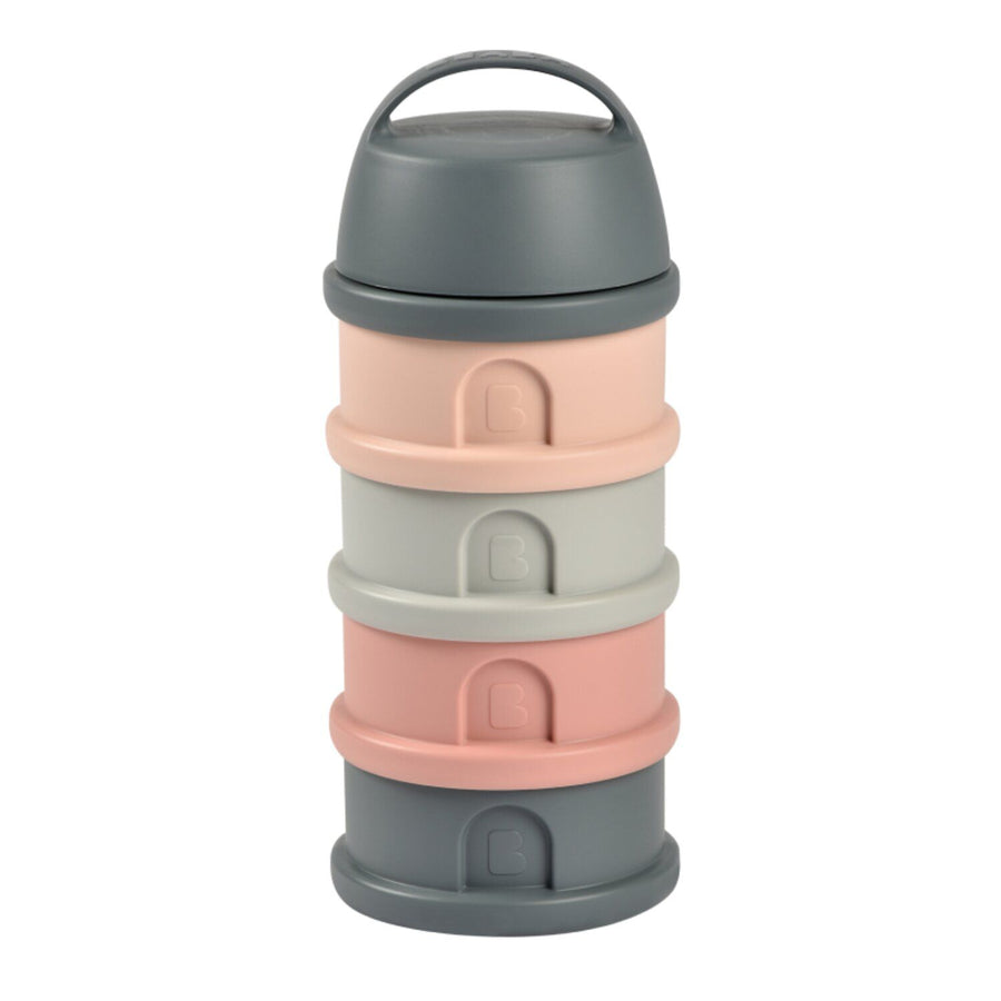 BEABA formula milk and snack container with 4 compartments in mineral grey and pink
