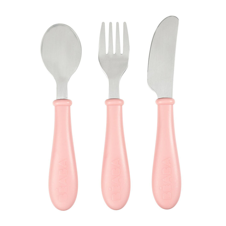 BEABA stainless steel training cutlery 3 piece set in old pink - spoon, fork and knife