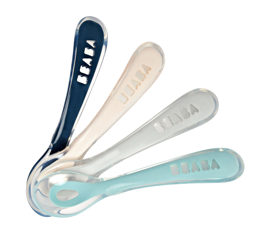 BEABA set of 4 2nd stage soft silicone spoons in navy, cream, grey and light blue