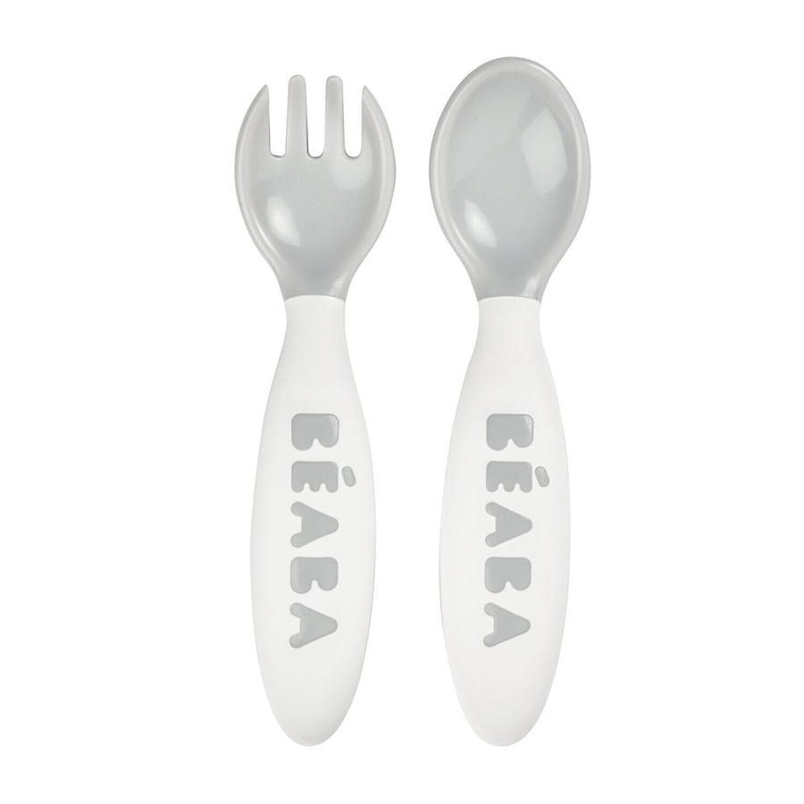 BEABA 2nd age ergonomic training fork and spoon set in grey
