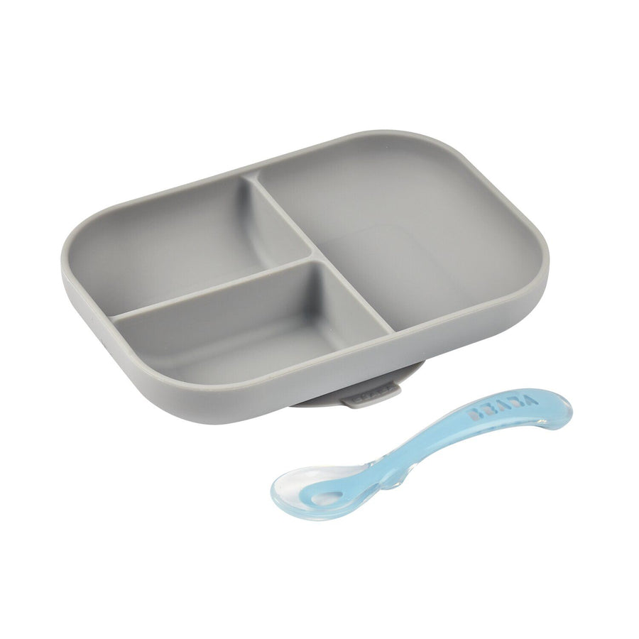 BEABA silicone suction divided plate in grey with pale blue spoon