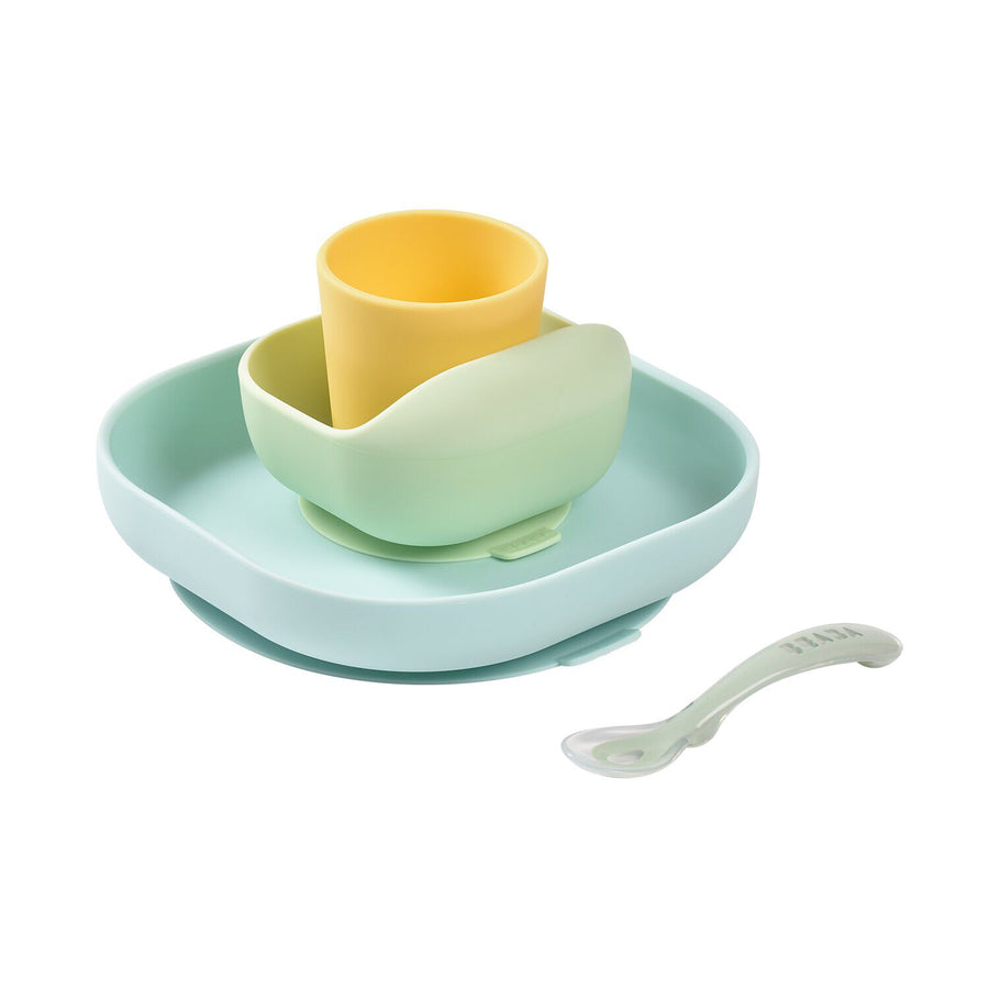 BEABA 4-piece silicone suction meal set in Yellow - mint plate, green bowl, yellow cup and spoon
