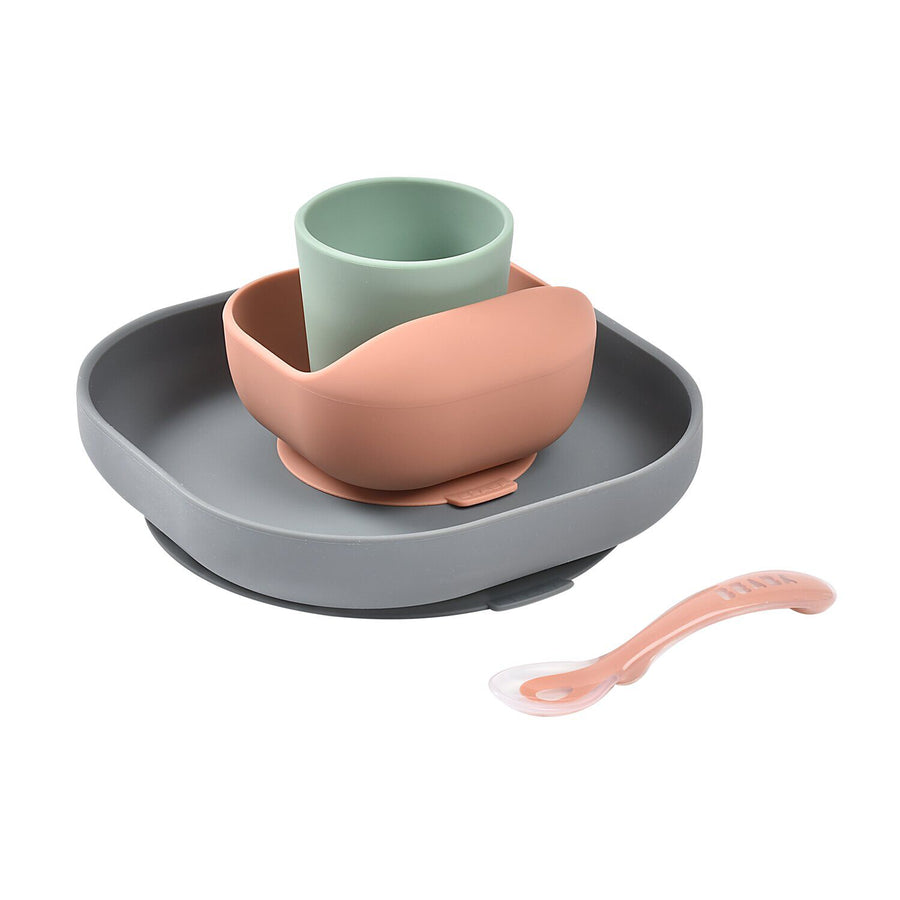BEABA 4-piece silicone suction meal set in Mineral - grey plate, terracotta bowl, sage cup and spoon