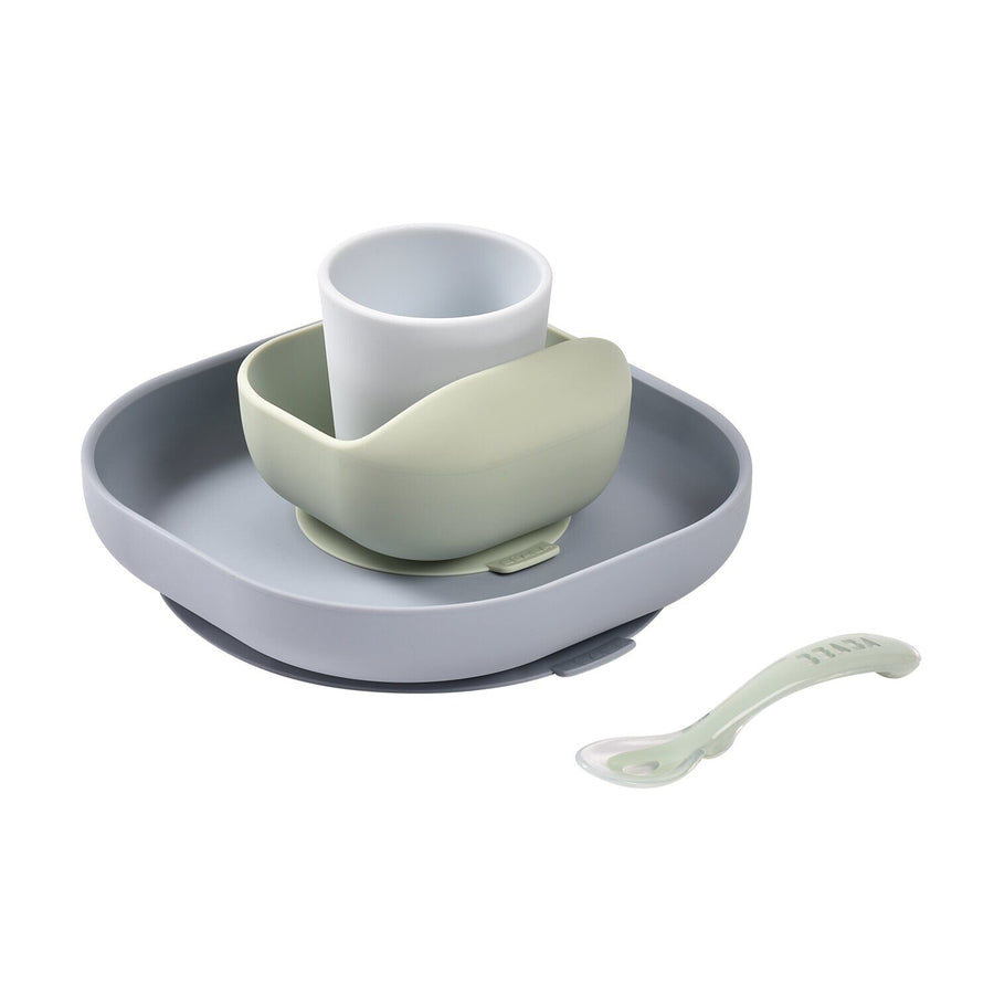 BEABA 4-piece silicone suction meal set in Cloud Blue - plate, bowl, cup and spoon