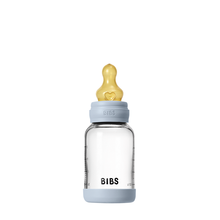 BIBS Baby Glass Bottle 120ml latex slow flow, Baby Blue