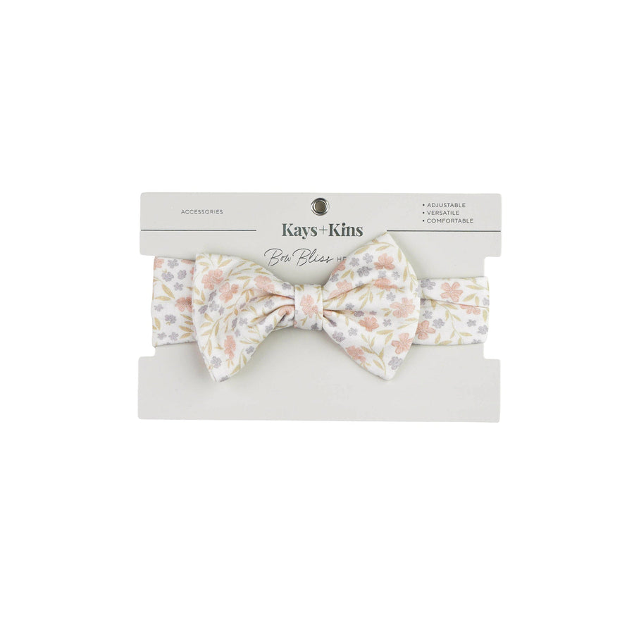 Kays+Kins Bowbliss bamboo cotton baby headband in the Petalyn print, on card