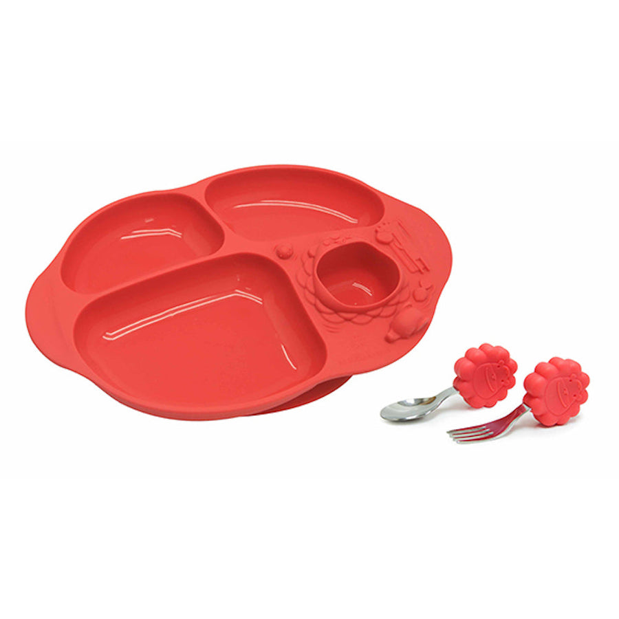 Marcus & Marcus Toddler Dining Set in red, Marcus the Lion Cub, plate with palm grasp spoon and fork