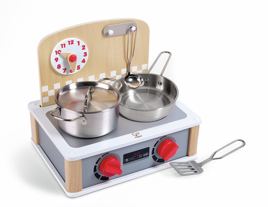 Hape 2-in-1 Kitchen & Grill Set E3151 with metal pot, pan, ladle and spatula