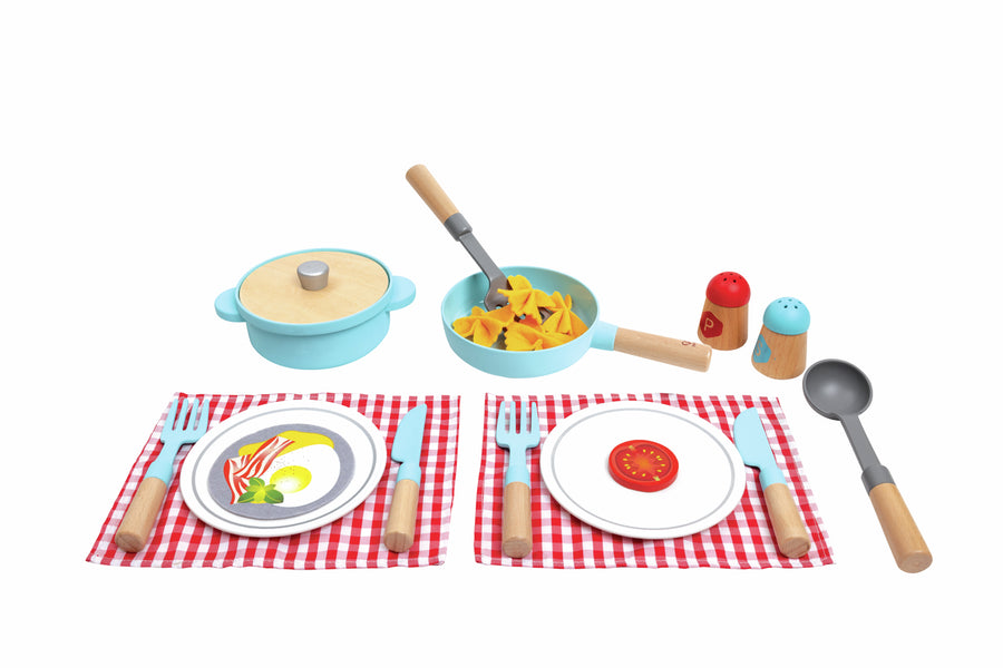 Hape Cook & Serve Set E3208 - 21-piece pretend dinner service with pan, placemats and cutlery