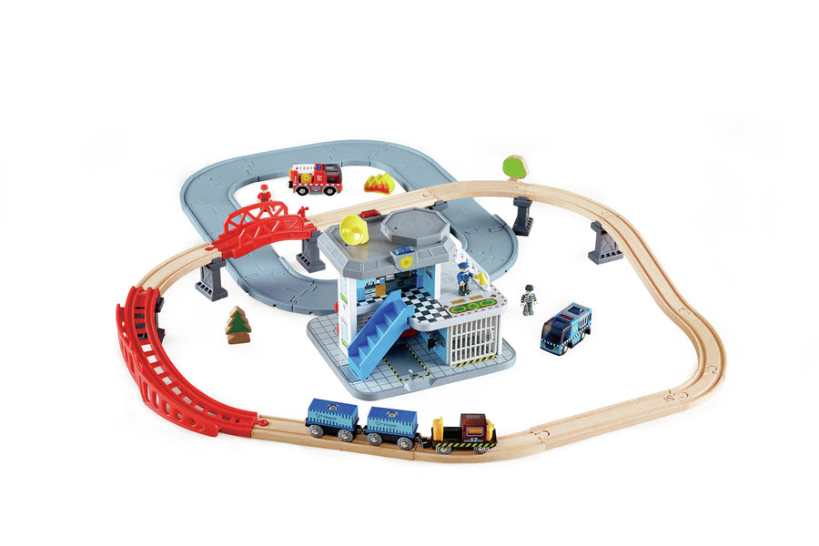 Hape Emergency Services HQ E3736 assembled set with police station, fire engine, train and track