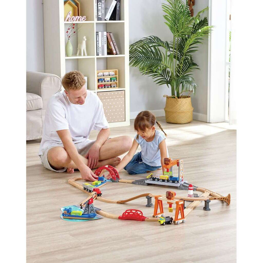 Hape Sea & Rail Cargo Transportation Set E3790 assembled layout with ship, gantry crane and freight train