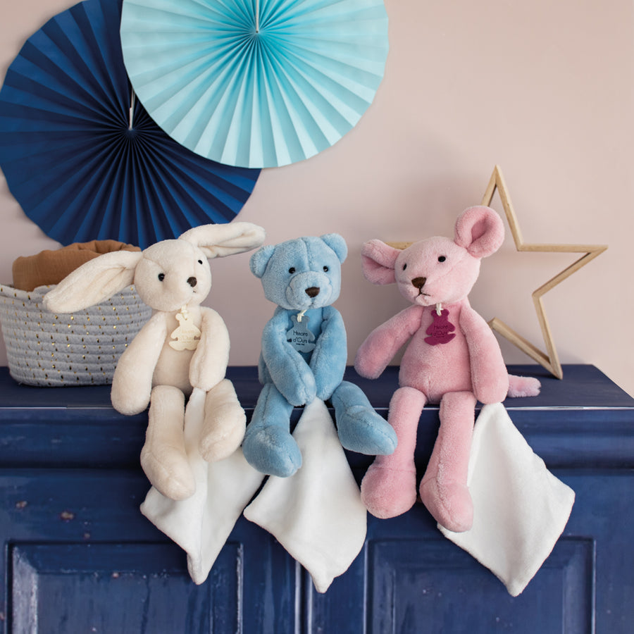 Histoire d'Ours HO2315 Sweety Pantin assortment: ivory rabbit, blue bear and pink mouse, each with a handkerchief comforter