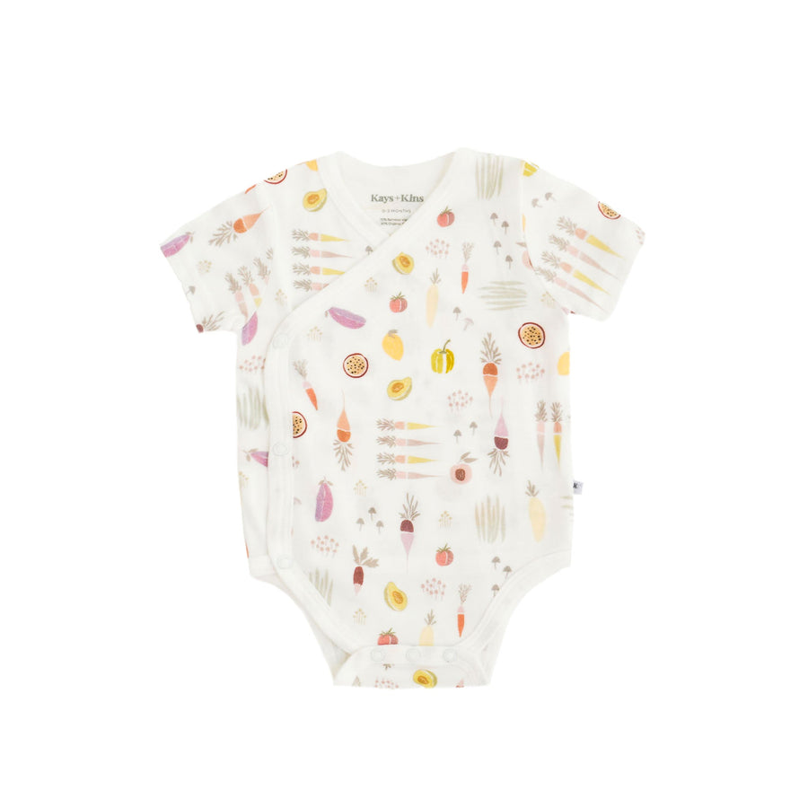 KAYS + KINS Kimono One Piece in Veggie Patch print, flat lay
