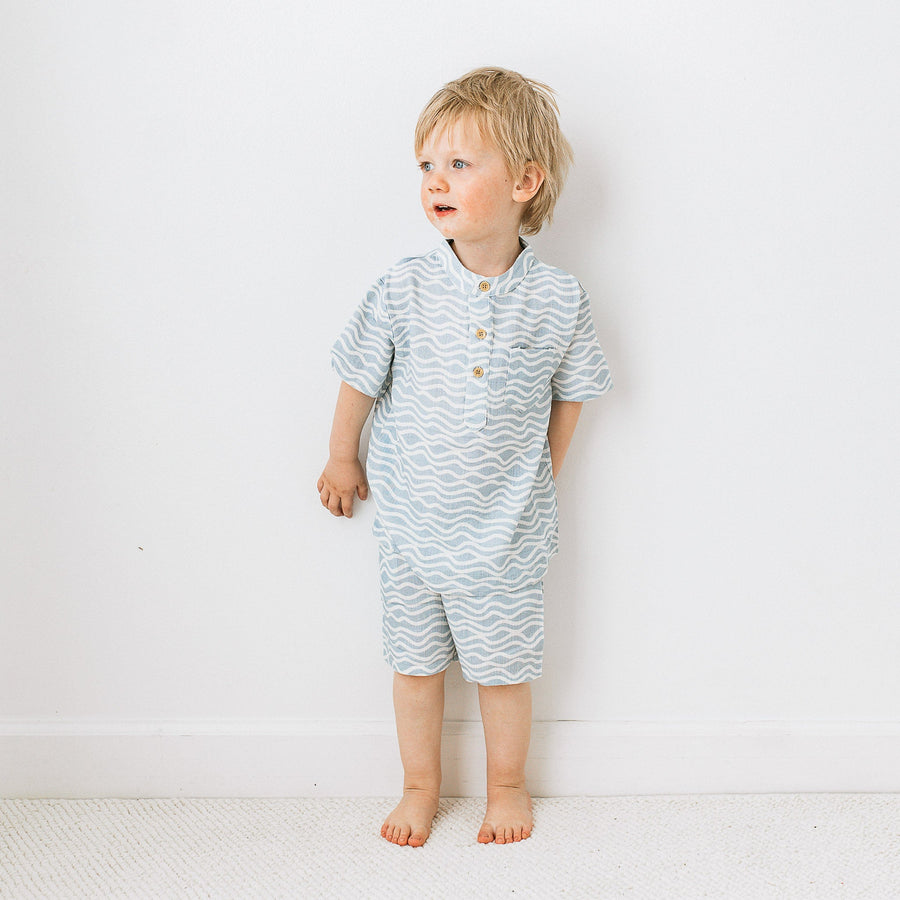 KAYS + KINS Band Collar Shirt Set - Waves