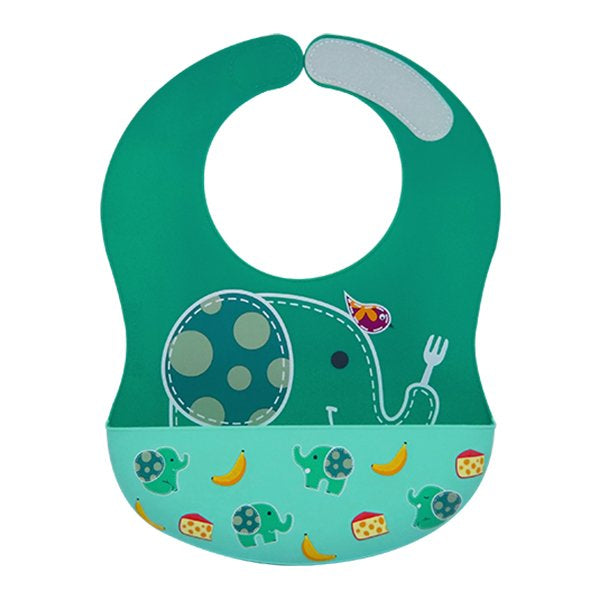 Marcus & Marcus Wide Coverage Silicone Baby Bib in green, Ollie the Elephant design