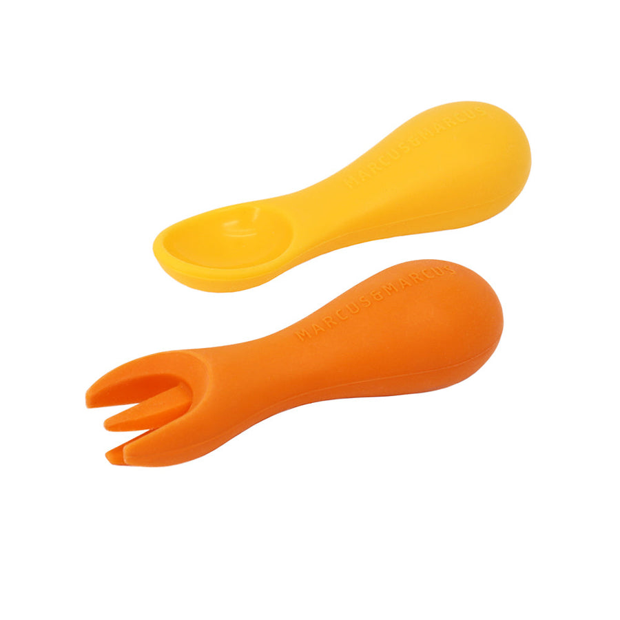 Marcus & Marcus Silicone Palm Grasp Spoon and Fork Set in yellow, Lola the Giraffe