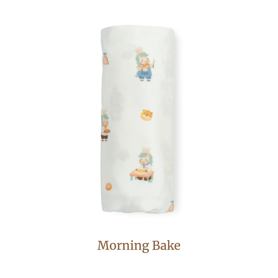 Granny Ben Chuchu's Little Oven TENCEL muslin swaddle cloth in the Morning Bake print