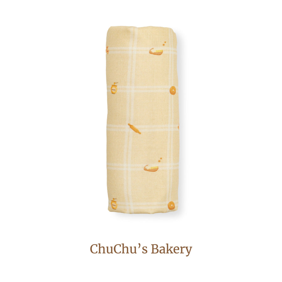 Granny Ben Chuchu's Little Oven TENCEL muslin swaddle cloth in the Chuchu's Bakery print