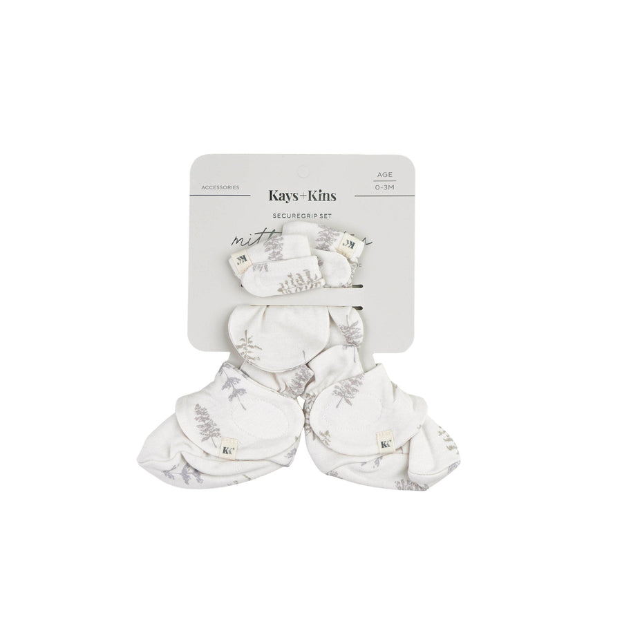 Kays+Kins SecureGrip Mitts and Booties Set in the Frostree print, boxed