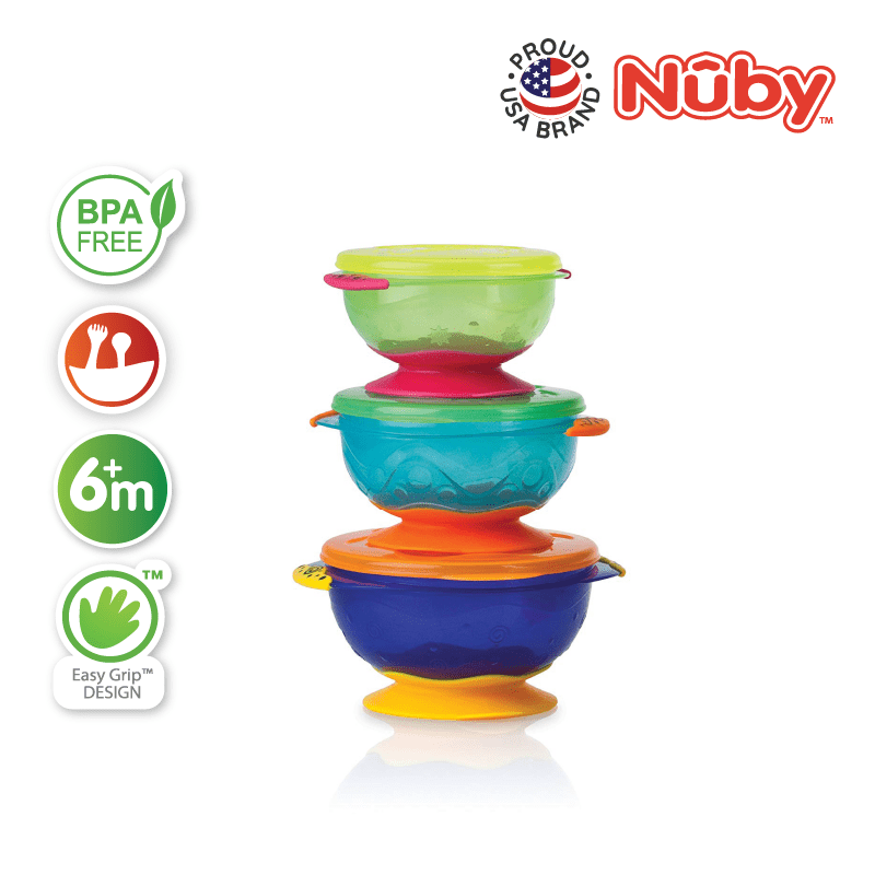 Nuby Stackable Suction Bowl 3 pack stacked, BPA free, 6 months plus