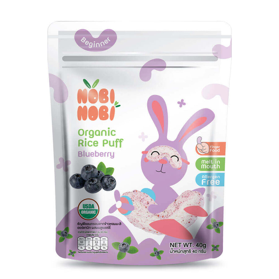 Nobi Nobi Organic Jasmine Rice Puff Blueberry 40 g pouch, front