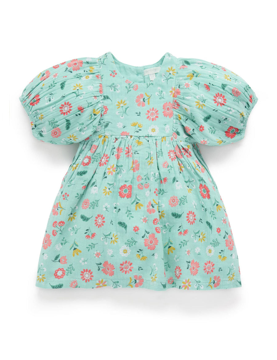 Purebaby Guava Floral Gathered Dress
