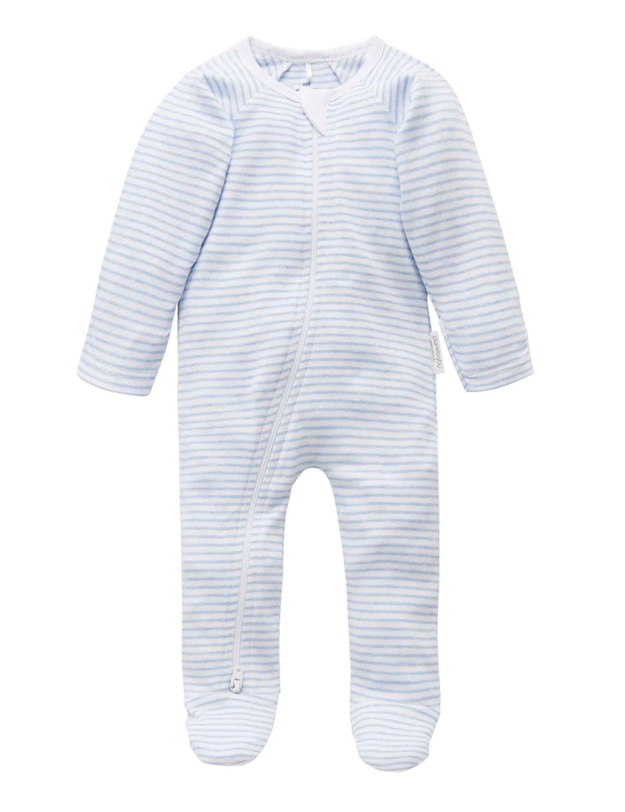 Purebaby Essentials Zip Growsuit - Pale Blue Melange Stripe