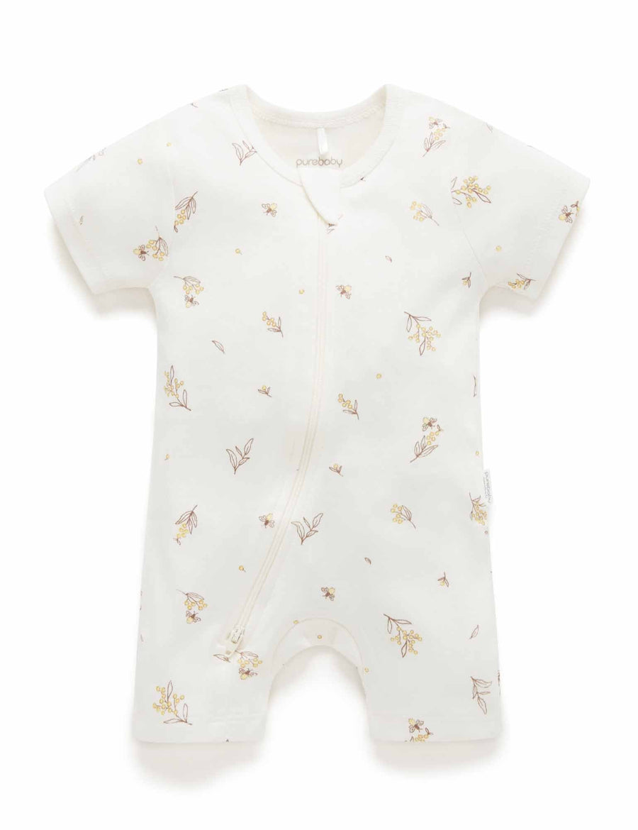 Purebaby Short Sleeve Short Leg Zip Growsuit in Vanilla Wattle Bee - official product photo 1