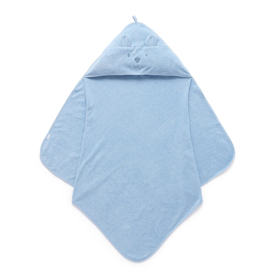 Purebaby Hooded Bear Towel in Pale Blue Melange, organic cotton baby bath towel with bear-embroidered hood