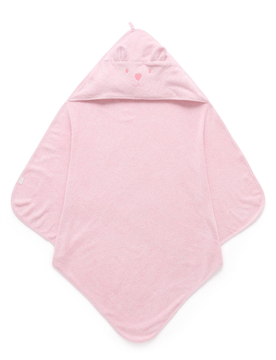 Purebaby Hooded Bear Towel in Pale Pink Melange, organic cotton baby bath towel with bear-embroidered hood