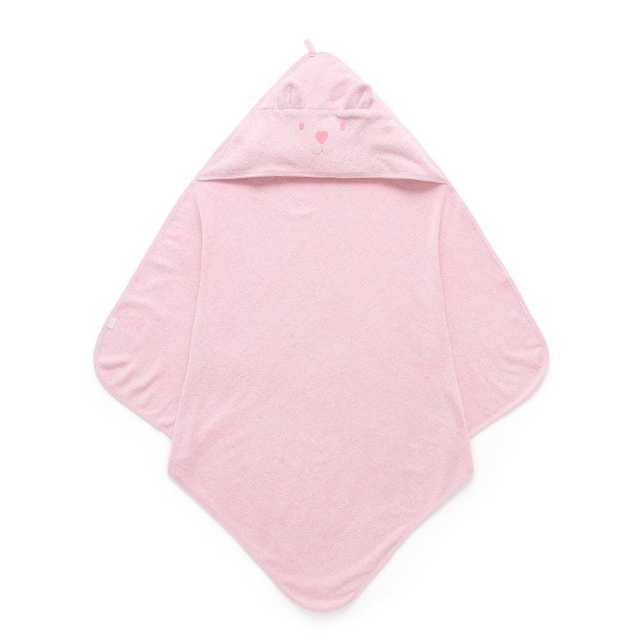Purebaby Hooded Bear Towel in Pale Pink Melange, organic cotton baby bath towel with bear-embroidered hood