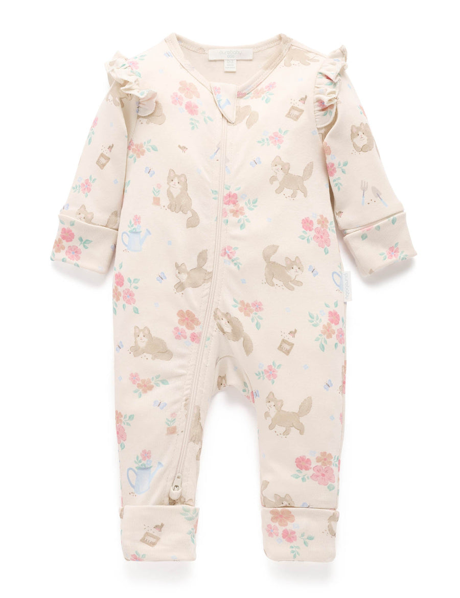 Purebaby Organic Cotton Kitten Printed Zip Growsuit
