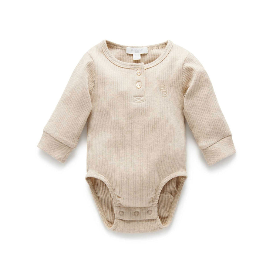 Purebaby Rib Long Sleeve Henley Bodysuit - Biscuit Melange