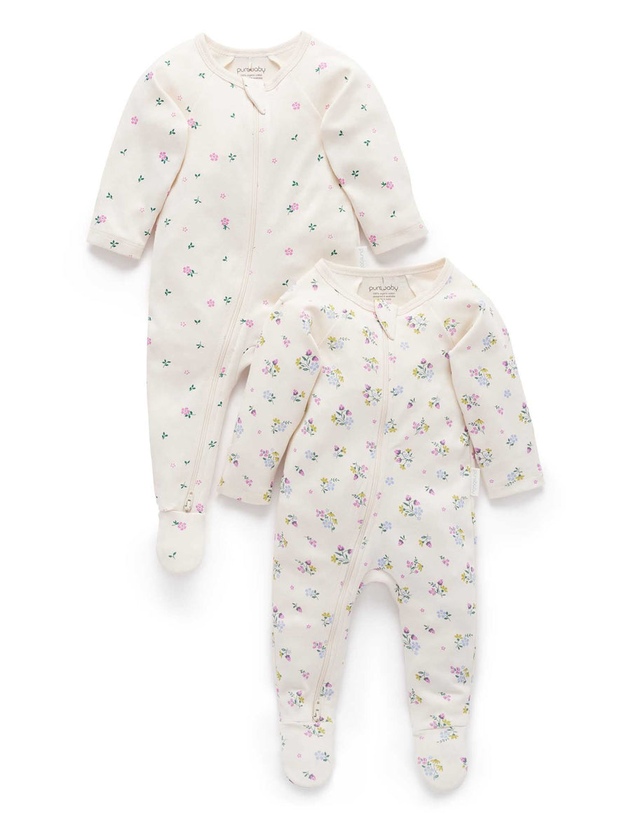 Purebaby 2 Pack Printed Zip Growsuit in Cherry Blossom Print - official product photo 1