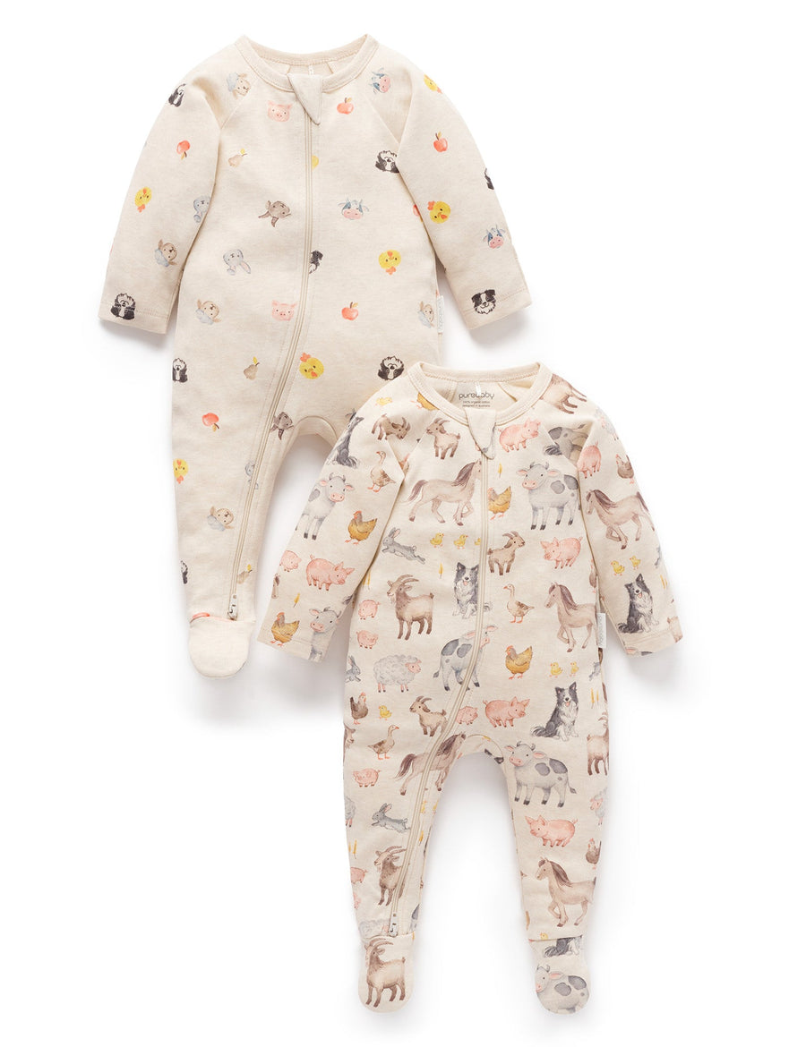 Purebaby 2 Pack Printed Zip Growsuit in Farm Animals Print - official product photo 1