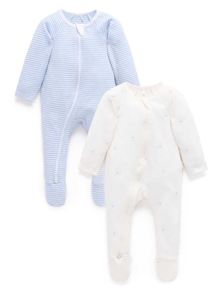 Purebaby 2 Pack Zip Growsuit in Pale Blue Bear Pack - official product photo 1